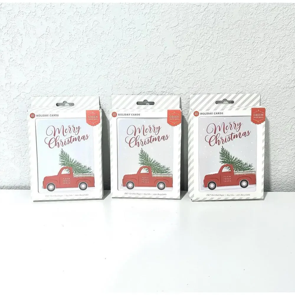 NEW Green Inspired Holiday Note Cards White Envelopes Christmas Tree Truck 30 Ct